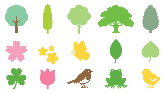 Set of cute spring nature icons including trees flowers butterfly bird frog and chick in a simple flat cartoon style