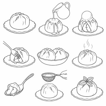 Vector line art collection featuring nine stages of serving sweet steamed buns or dumplings with syrup, ice cream, powdered sugar, mint leaves, and apple filling.