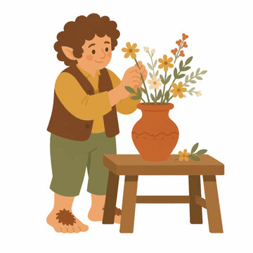 Cartoon illustration of a fantasy halfling or hobbit with curly brown hair and hairy feet, arranging a colorful bouquet of wildflowers into a ceramic vase on a wooden stool.