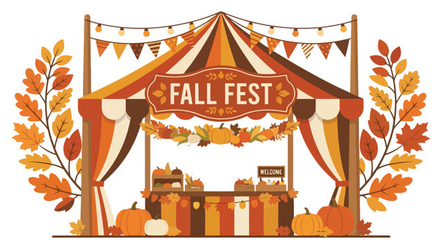 Fall fest seasonal market stall decorated with colorful autumn leaves pumpkins and bunting flags for a festive harvest celebration