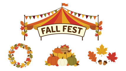 Fall festival tent sign with autumn leaves wreath and pumpkin pile for seasonal harvest celebration event decoration element © azad