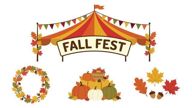 Fall festival tent sign with autumn leaves wreath and pumpkin pile for seasonal harvest celebration event decoration element