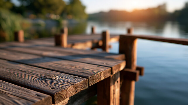 Empty wooden deck by a tranquil lakeside, clean product display background for outdoor branding and marina lifestyle, defocused calm lake in background, wooden deck lakeside