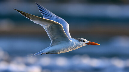 Fototapeta premium Royal tern in flight over shallow coastal water, elegant seabird action portrait with open wings and serene marine atmosphere for birding and travel, defocused coastal water in