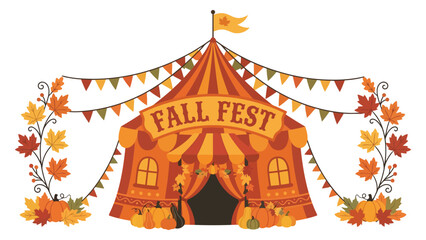 Colorful fall festival circus tent decorated with autumn leaves and festive bunting flags for a seasonal autumn harvest event © azad
