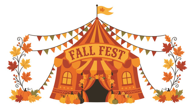 Colorful fall festival circus tent decorated with autumn leaves and festive bunting flags for a seasonal autumn harvest event
