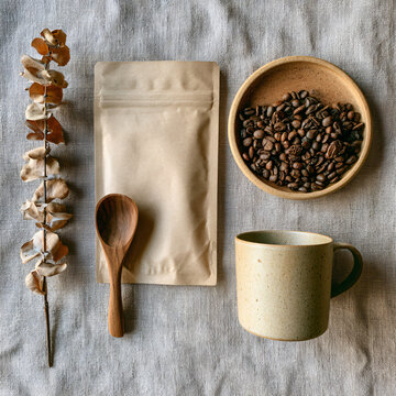Top-down flat lay of premium coffee subscription contents arranged neatly on beige linen fabric, blank coffee pouch, ceramic mug, wooden scoop, roasted coffee beans,