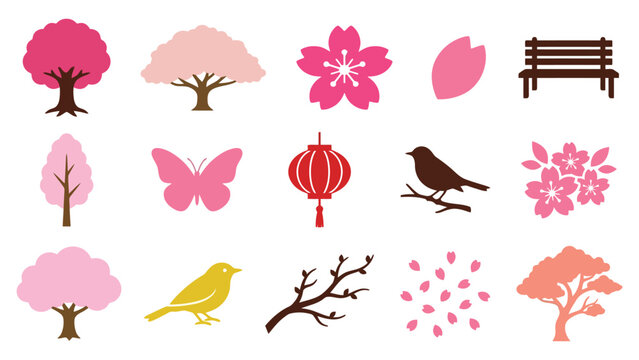Collection of cherry blossom icons with trees flowers birds and lanterns for spring season design elements