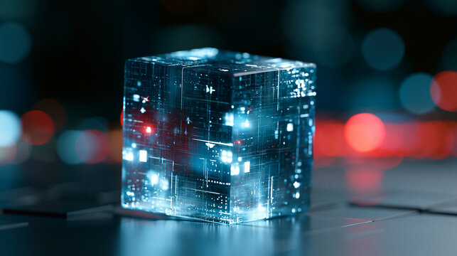 Quantum computing concept with a glowing data cube, futuristic technology visualization for deep tech and breakthrough innovation, defocused dark environment, quantum computing