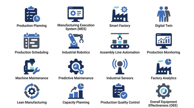 Industrial icons, manufacturing symbols, factory automation graphics, 16 production concepts