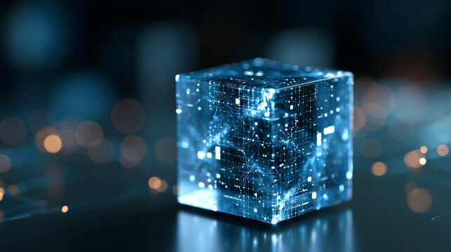 Quantum computing concept with a glowing data cube, futuristic technology visualization for deep tech and breakthrough innovation, defocused dark environment, quantum computing
