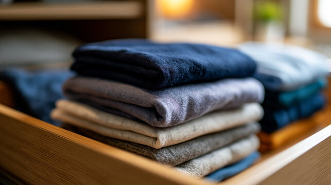 Folded clothes in an open drawer close-up, clean wardrobe interior concept with natural light, defocused drawer interior in background, folded clothes drawer concept photography,