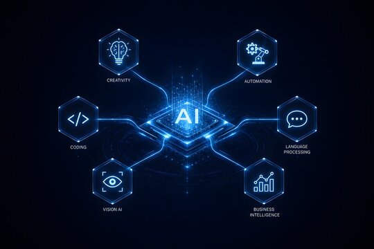 Artificial intelligence ecosystem infographic for business innovation and enterprise technology
