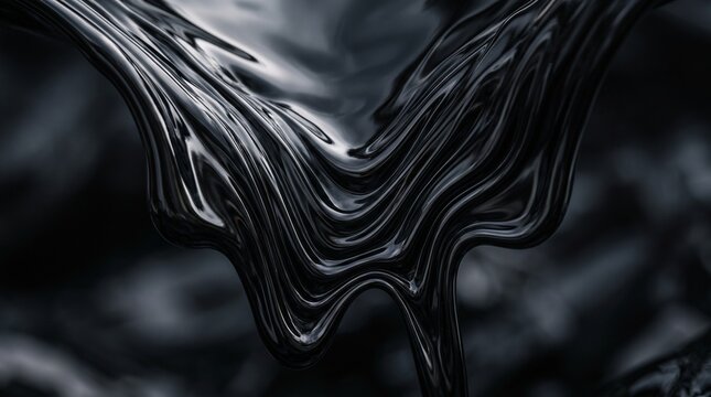 Flowing liquid obsidian glass texture with glossy reflections. Luxurious dark mode background.