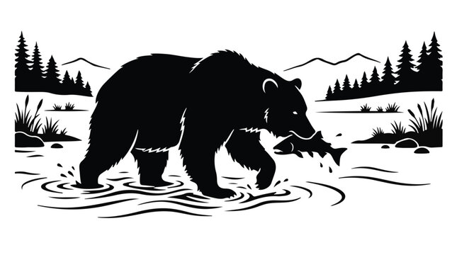 Black bear walking in river water with mountain landscape background