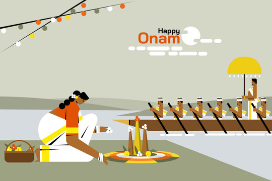Happy Onam vector illustration featuring a woman creating a traditional Floral designs beside Kerala backwaters with a snake boat race, celebrating the harvest festival and cultural heritage of Kerala
