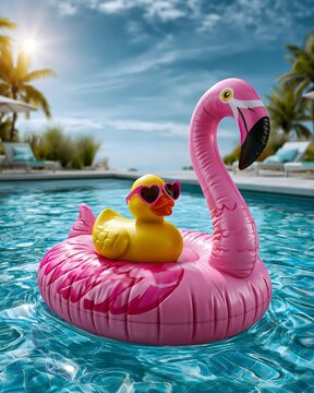 Badeente mit Sonnenbrille auf Flamingo Schwimmring im Pool als humorvolles Sommerkonzept