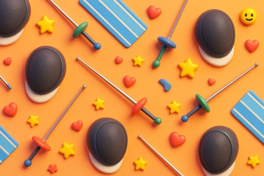 Creative fencing sport equipment with colorful playful elements on vibrant background in modern style composition. Ai generative