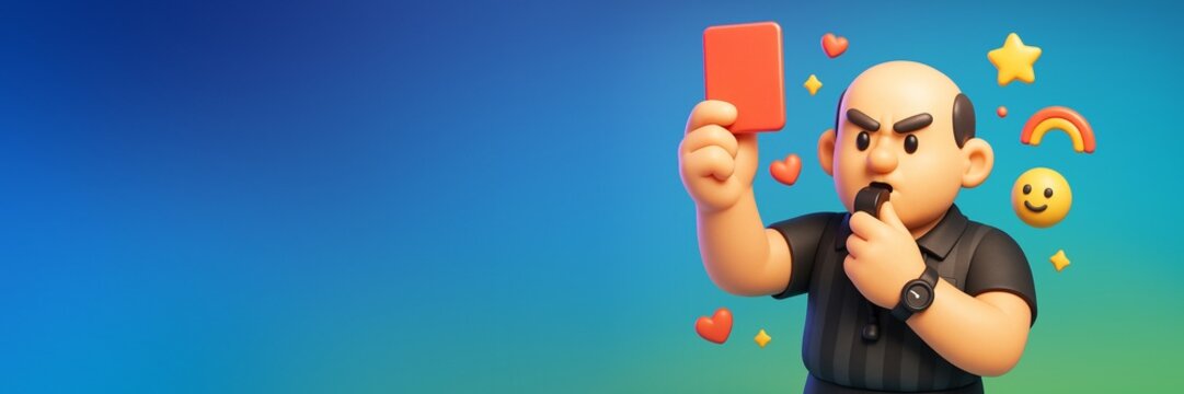 Cartoon referee blowing whistle and showing red card with colorful emojis on gradient background with space for text or promotion banner design. Ai generative