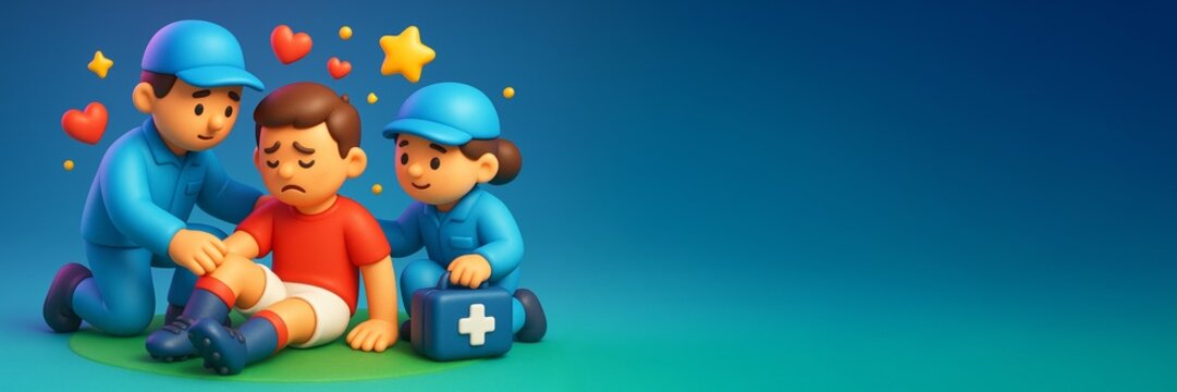 Injured child receiving first aid from medics during sport activity on blue background with empty copy space for poster or advertising concept. Ai generative