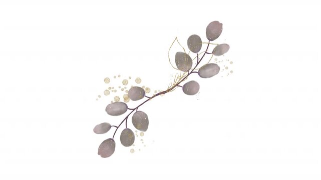 Watercolor wreath with mauve floral sprig and gold glitter. Perfect for wedding invitations, stationery, greeting cards, and floral design projects. Alpha channel.