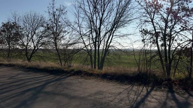 Translation from Ukrainian: "Danger mines". A weathered warning sign with skull-and-crossbones marks a minefield beside an empty rural road &mdash; editorial footage of postconflict hazards