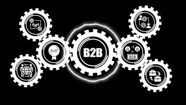 A bright white b2 b business concept featuring a central gear surrounded by smaller interconnected gears with various representing business-to-business commerce and networking