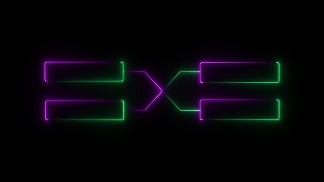 glowing neon outline championship single elimination tournament bracket or tree diagram isolated on neon . Fields for 4 players or teams, black background