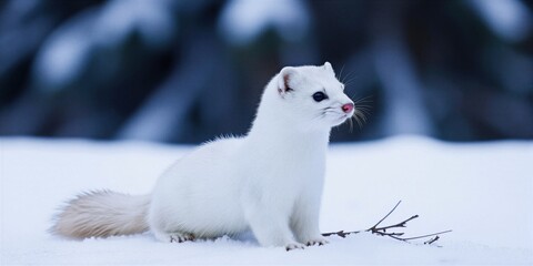 White ermine stands alert in snowy forest background. Small mammal with white fur camouflaged against snow. Cute wild animal in its natural winter habitat ready for hunt. © Pete
