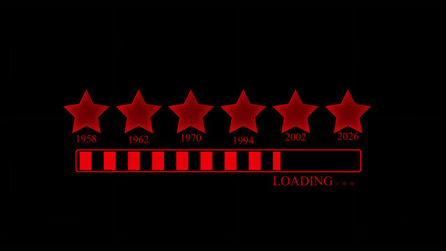 Loading bar with red progress indicator and six red star labeled with years 1958, 1962, 1970, 1994, 2002, and 2026 displayed against a solid black background