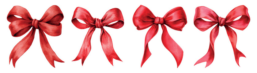 Fototapeta premium Set of four red watercolor bows, hand drawn ribbons creating festive decorations for holiday gifts, christmas, valentine's day, anniversaries, and special occasion celebrations