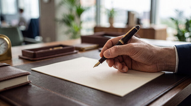 Elegant male hand holding a classic fountain pen, ready to write on a pristine blank paper sheet on a leather desk.