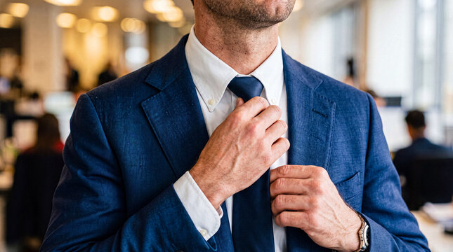 Professional businessman in a suit meticulously adjusting his tie, symbolizing readiness and refined corporate image.
