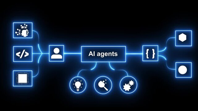 AI agents concept on the black background. Connected artificial intelligence icons and data flow, autonomous workflow, multi agent system. 4k video