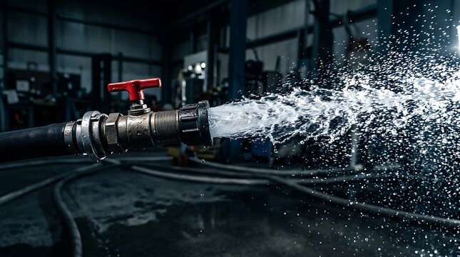 High-pressure water jet from industrial hose with red shut-off valve in a dark workshop