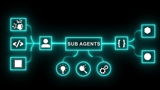 AI agents concept on the black background. Connected artificial intelligence icons and data flow, autonomous workflow, multi agent system. 4k video
