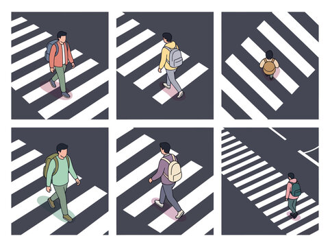 People with backpacks crossing a zebra crossing in isometric view