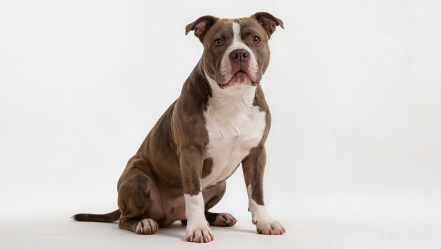 Isolated American Pit Bull Terrier sitting on a white studio background