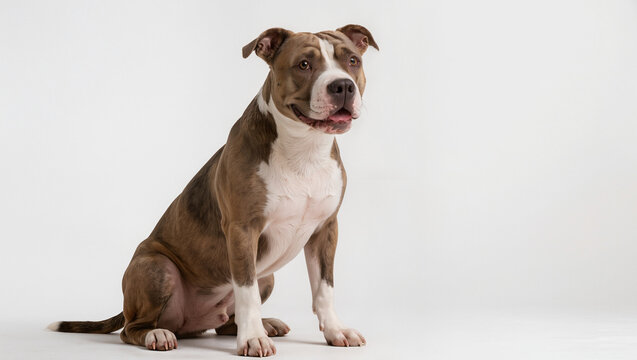 Isolated American Pit Bull Terrier sitting on a white studio background