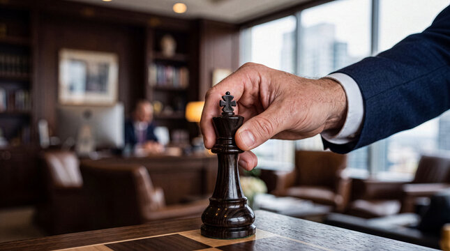 Businessman's hand moving a black king chess piece on a chessboard in a luxurious office, symbolizing strategy.