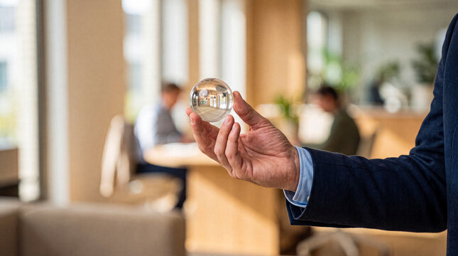 Professional man's hand holding a clear crystal ball, reflecting an office environment with colleagues working.