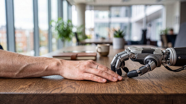 Human hand reaching out to touch a sophisticated robotic prosthetic hand on a wooden table photograph.
