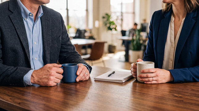 Two business professionals, a man and a woman, holding coffee cups and discussing work at a wooden table in.