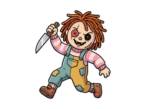 Creepy doll with knife running, cartoon style