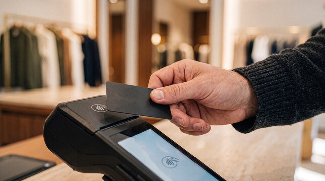 Customer's hand initiating a swift contactless payment with a black credit card at a modern POS terminal.