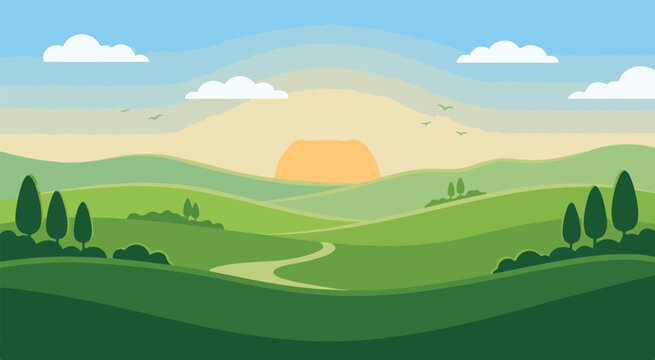 Sunset over rolling green hills with trees and a winding road