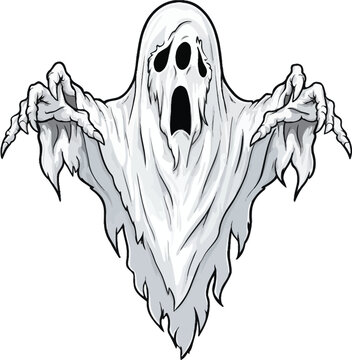 White ghost cartoon vector illustration isolated on transparent background flat scary halloween design