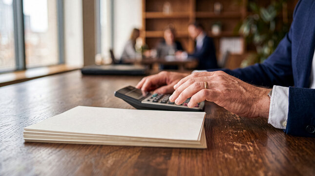 Male professional diligently working with a calculator and blank papers on a wooden desk in a busy office.
