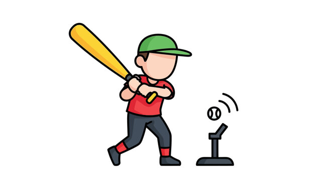 Cartoon baseball player swinging bat at ball on tee.