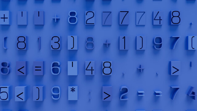 High-Detail 3D Arrangement of Mathematical Symbols and Numbers on Solid Blue Background, Featuring Plus, Minus, Multiplication, and Division Signs for Educational and Digital Design Use